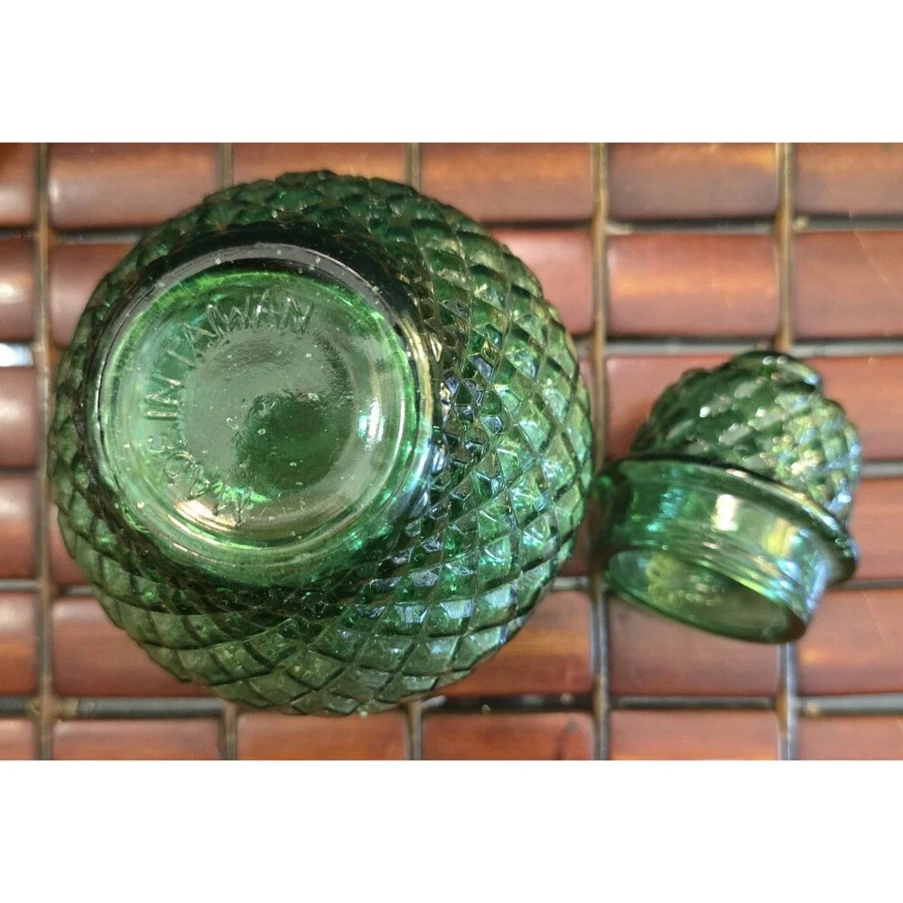 Apothecary Jar w/ Lid Vintage Emerald Green Diamond Cut Pressed Glass 6.5